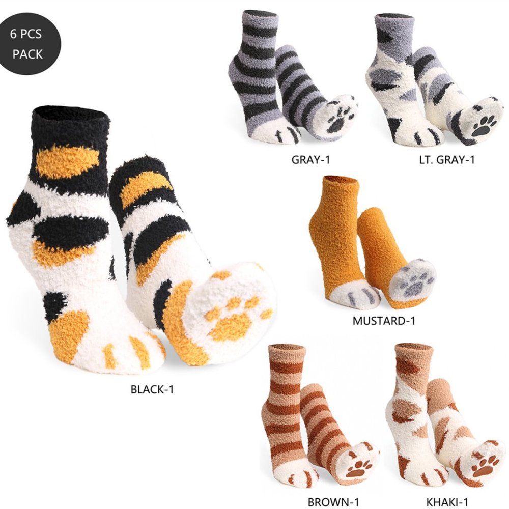 P/S 6 pairs Pack! Cat Paw Fuzzy/Soft/Cozy Mini-Crew Socks·Sleeping·ComfyLuxe